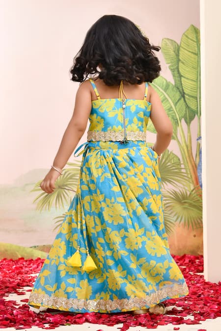 Shop_Yuvraani Jaipur_Blue Muslin, Cotton, Net Neon And Yellow Lehenga Set _at_Aza_Fashions