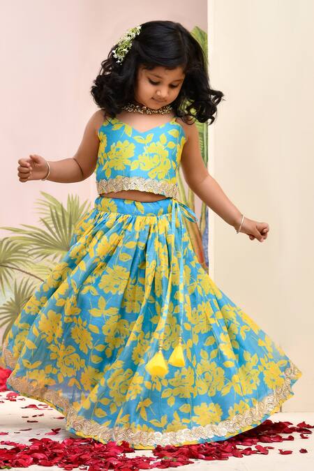 Buy_Yuvraani Jaipur_Blue Muslin, Cotton, Net Neon And Yellow Lehenga Set _Online_at_Aza_Fashions