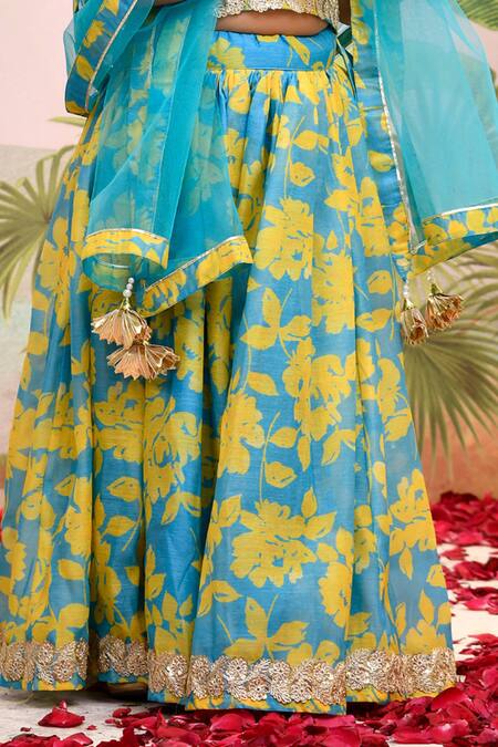 Shop Yuvraani Jaipur Blue Muslin, Cotton, Net Neon And Yellow Lehenga Set Online at Aza Fashions Shop_Yuvraani Jaipur_Blue Muslin, Cotton, Net Neon And Yellow Lehenga Set _Online_at_Aza_Fashions