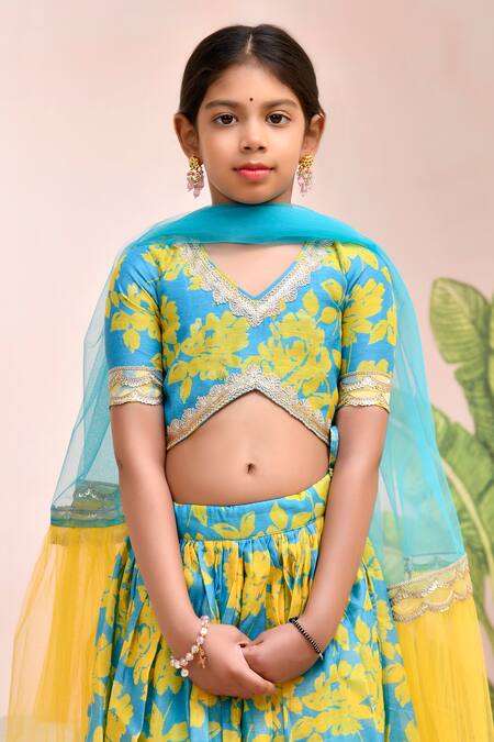 Yuvraani Jaipur_Blue Chanderi, Cotton, Net Lace, Embroidery Neon And Yellow Lehenga Set _Online_at_Aza_Fashions