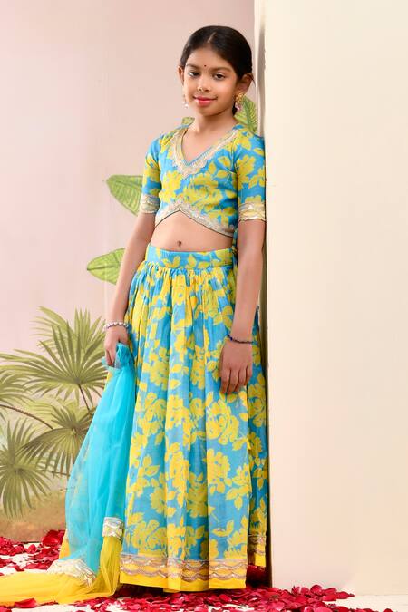 Buy_Yuvraani Jaipur_Blue Chanderi, Cotton, Net Lace, Embroidery Neon And Yellow Lehenga Set _Online_at_Aza_Fashions