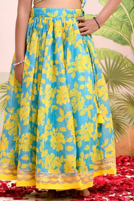 Shop Yuvraani Jaipur Blue Chanderi, Cotton, Net Lace, Embroidery Neon And Yellow Lehenga Set Online at Aza Fashions Shop_Yuvraani Jaipur_Blue Chanderi, Cotton, Net Lace, Embroidery Neon And Yellow Lehenga Set _Online_at_Aza_Fashions