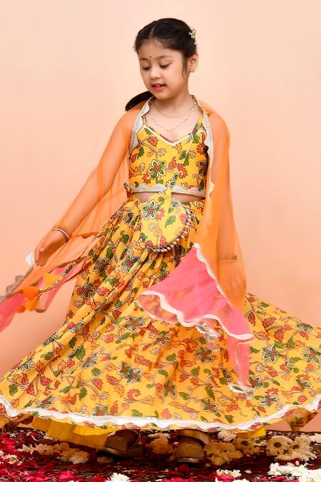 Shop_Yuvraani Jaipur_Yellow Muslin, Cotton, Net Lace, Sequins Digital Print Lehenga Set _Online_at_Aza_Fashions