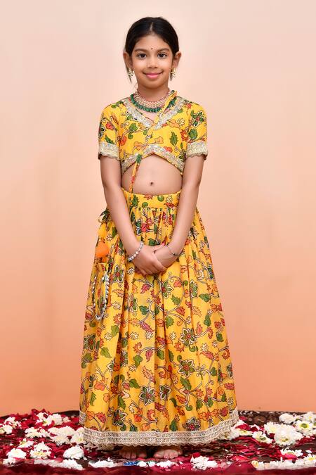 Buy_Yuvraani Jaipur_Yellow Chanderi, Cotton, Net Embroidery, Sequins, Digital Print Lehenga Set _Online_at_Aza_Fashions