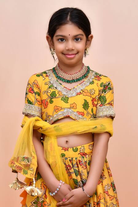 Shop_Yuvraani Jaipur_Yellow Chanderi, Cotton, Net Embroidery, Sequins, Digital Print Lehenga Set _Online_at_Aza_Fashions