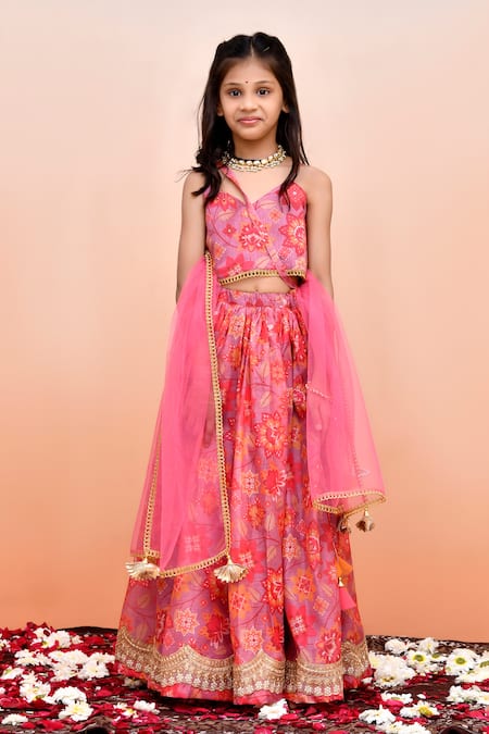 Yuvraani Jaipur_Peach Chanderi, Cotton, Net Tassels Digital Print Lehenga Set _Online_at_Aza_Fashions