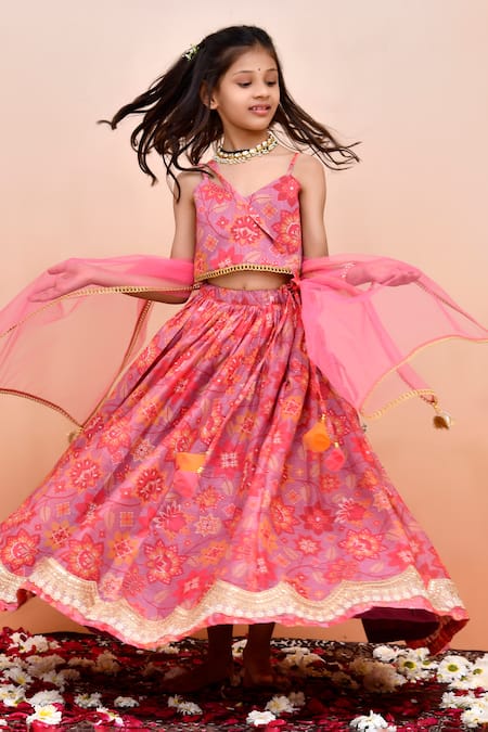 Buy_Yuvraani Jaipur_Peach Chanderi, Cotton, Net Tassels Digital Print Lehenga Set _Online_at_Aza_Fashions