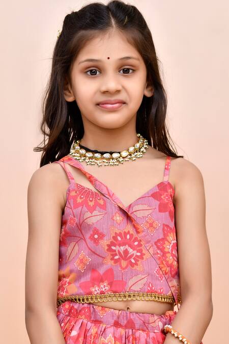 Yuvraani Jaipur_Peach Chanderi, Cotton, Net Tassels Digital Print Lehenga Set _at_Aza_Fashions