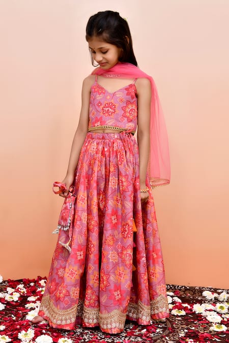 Shop_Yuvraani Jaipur_Peach Chanderi, Cotton, Net Tassels Digital Print Lehenga Set _at_Aza_Fashions