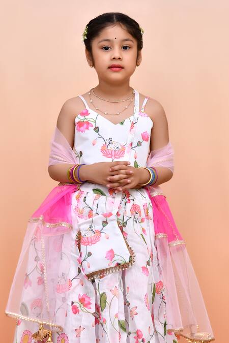 Yuvraani Jaipur_Ivory Chanderi, Cotton, Net Tassels And Lotus Printed Lehenga Set _Online_at_Aza_Fashions