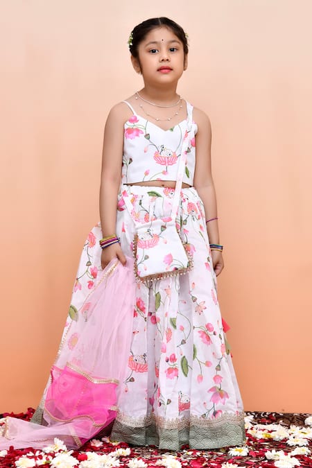Shop_Yuvraani Jaipur_Ivory Chanderi, Cotton, Net Tassels And Lotus Printed Lehenga Set _at_Aza_Fashions