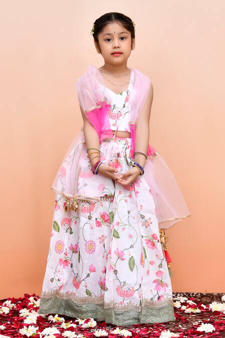 Buy_Yuvraani Jaipur_Ivory Chanderi, Cotton, Net Tassels And Lotus Printed Lehenga Set _Online_at_Aza_Fashions