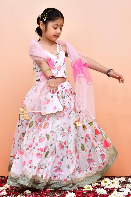 Shop_Yuvraani Jaipur_Ivory Chanderi, Cotton, Net Tassels And Lotus Printed Lehenga Set _Online_at_Aza_Fashions