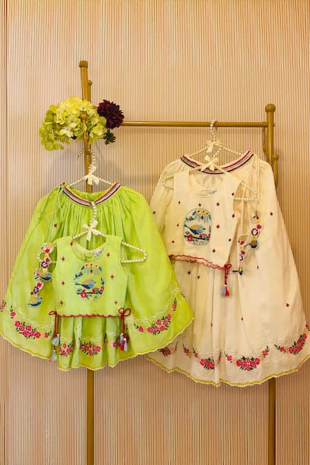 Shop_Rage Attire-Sweta Saria_Ivory Silk Tassels, Embroidery Birdcage Lehenga Set _Online_at_Aza_Fashions