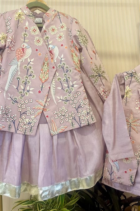 Rage Attire-Sweta Saria_Purple Net Embroidery, Sequins Flamingo Bird Jacket And Lehenga Set _Online_at_Aza_Fashions