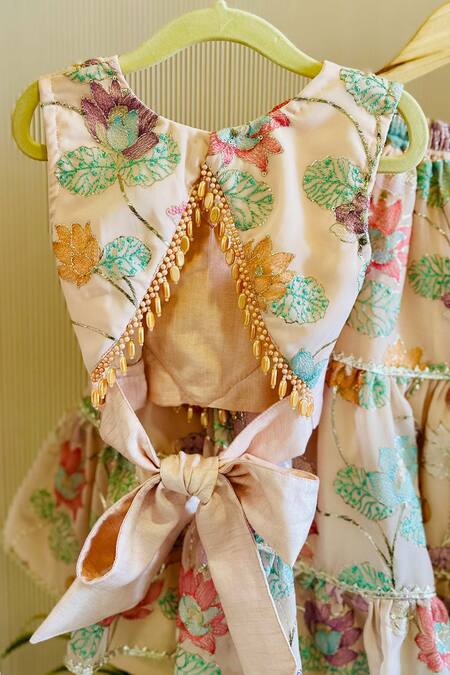 Rage Attire-Sweta Saria_Peach Viscose, Georgette Beads, Tassels Pastel Flower Tiered Lehenga Set_Online_at_Aza_Fashions