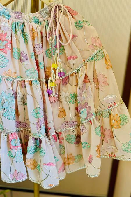 Buy_Rage Attire-Sweta Saria_Peach Viscose, Georgette Beads, Tassels Pastel Flower Tiered Lehenga Set_Online_at_Aza_Fashions