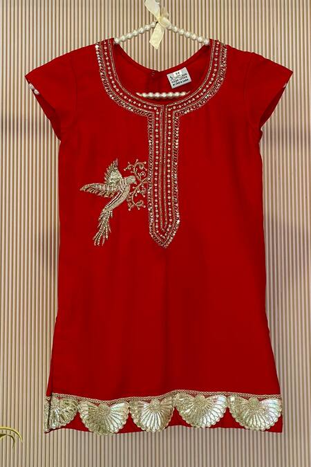 Shop_Rage Attire-Sweta Saria_Red Zari Bird Zardozi Kurta Set _Online_at_Aza_Fashions