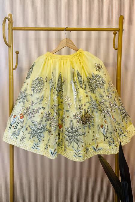 Buy_Rage Attire-Sweta Saria_Yellow Organza, Satin Embroidery, Lace Flamingo Floral Lehenga _Online_at_Aza_Fashions