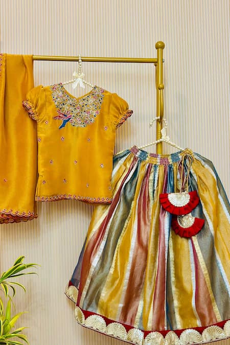 Buy_Rage Attire-Sweta Saria_Yellow Silk, Tissue Embroidery Multicolor Striped Lehenga Set _Online_at_Aza_Fashions