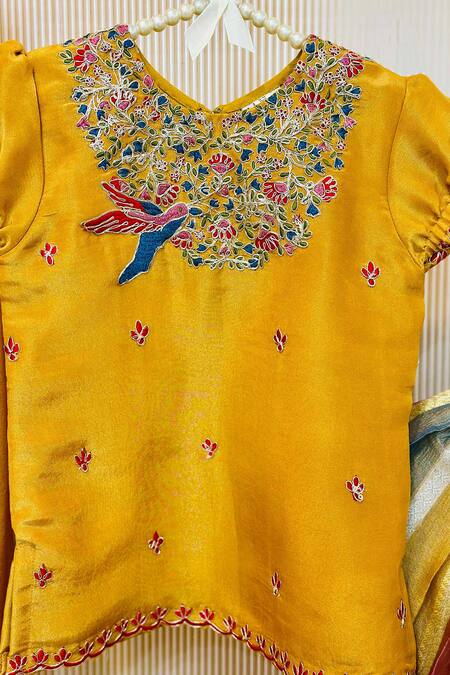 Shop_Rage Attire-Sweta Saria_Yellow Silk, Tissue Embroidery Multicolor Striped Lehenga Set _Online_at_Aza_Fashions