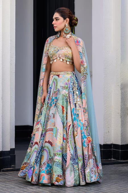Juhi Bengani_Multi Color Organza, Satin, Net Sequins, Embroidery Round Printed Lehenga Set _at_Aza_Fashions
