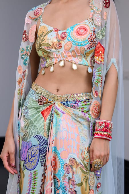 Buy_Juhi Bengani_Multi Color Silk Satin, Net Sequins, Beads Round Neck Printed Cape Set 