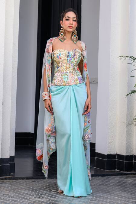 Juhi Bengani Sky Blue Satin, Organza Embroidery Square Neck Fusion Style Kurta Set at Aza Fashions Juhi Bengani_Sky Blue Satin, Organza Embroidery Square Neck Fusion Style Kurta Set _at_Aza_Fashions