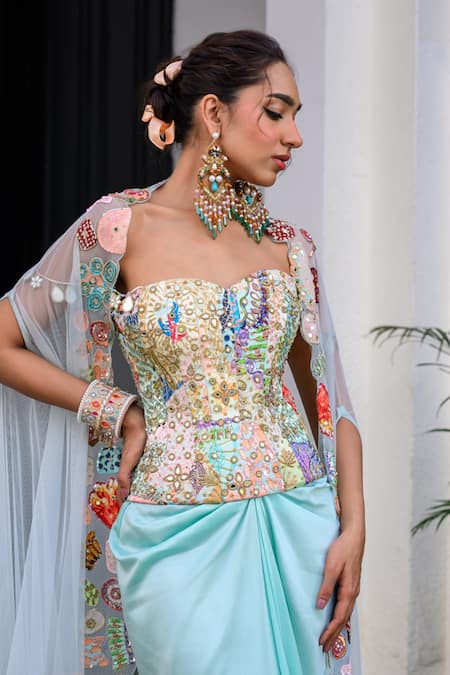 Buy Juhi Bengani Sky Blue Satin, Organza Embroidery Square Neck Fusion Style Kurta Set Buy_Juhi Bengani_Sky Blue Satin, Organza Embroidery Square Neck Fusion Style Kurta Set