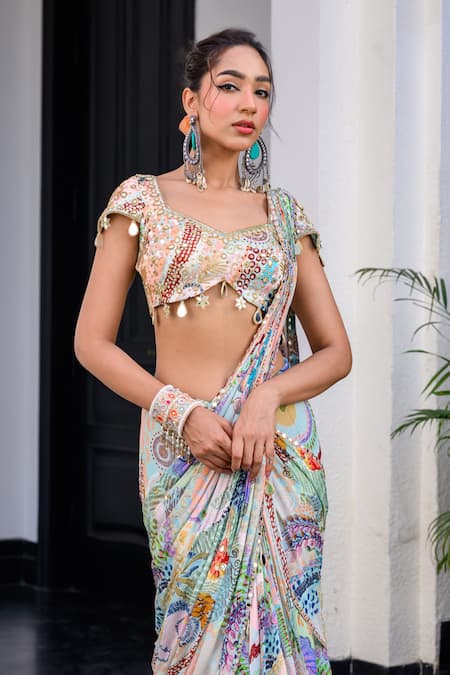 Juhi Bengani_Multi Color Organza, Chinon Sequins, Beads Round Neck Pre-draped Saree Set _Online_at_Aza_Fashions