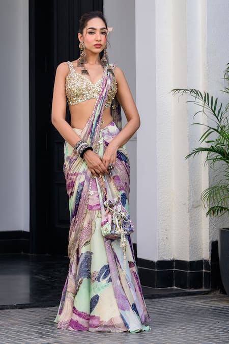 Buy_Juhi Bengani_Mauve Chinon, Organza Sequins Multi Color Pre-draped Saree And Blouse Set _Online_at_Aza_Fashions