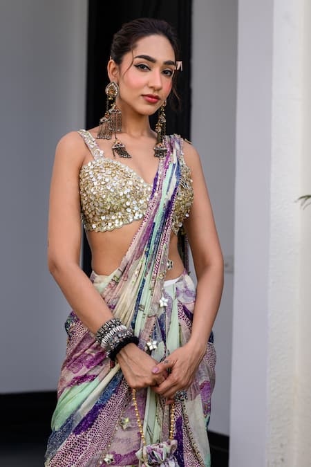 Juhi Bengani_Mauve Chinon, Organza Sequins Multi Color Pre-draped Saree And Blouse Set _at_Aza_Fashions