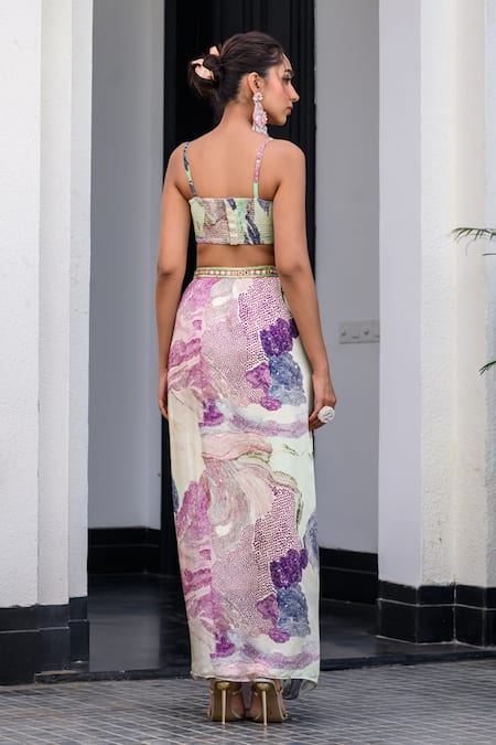 Juhi Bengani_Multi Color Silk Satin, Net Sequins, Beads Scoop Neck Designer Cape And Dhoti Set _at_Aza_Fashions