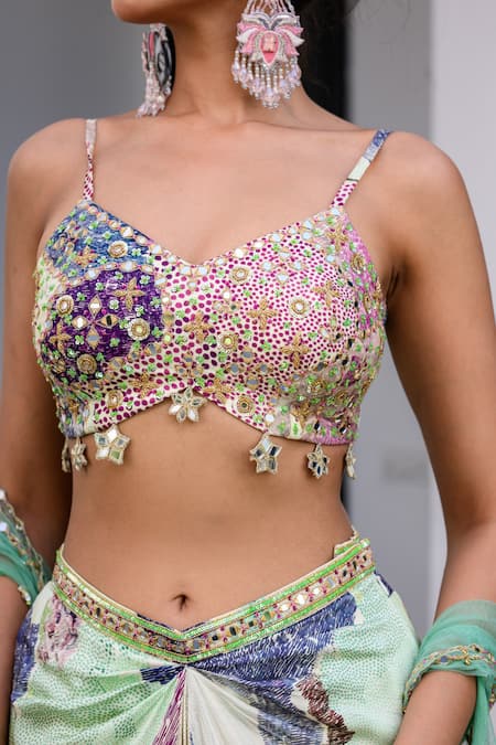 Buy_Juhi Bengani_Multi Color Silk Satin, Net Sequins, Beads Scoop Neck Designer Cape And Dhoti Set 