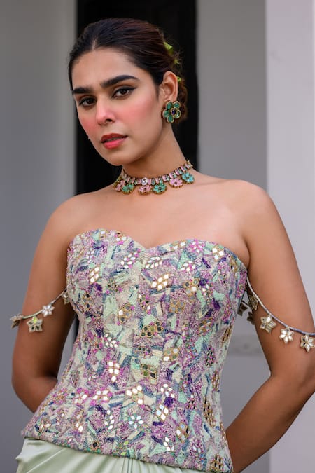 Juhi Bengani Green Satin Sequins Sweetheart Neck Multi Colour Corset And Dhoti Skirt Set Online at Aza Fashions Juhi Bengani_Green Satin Sequins Sweetheart Neck Multi Colour Corset And Dhoti Skirt Set _Online_at_Aza_Fashions