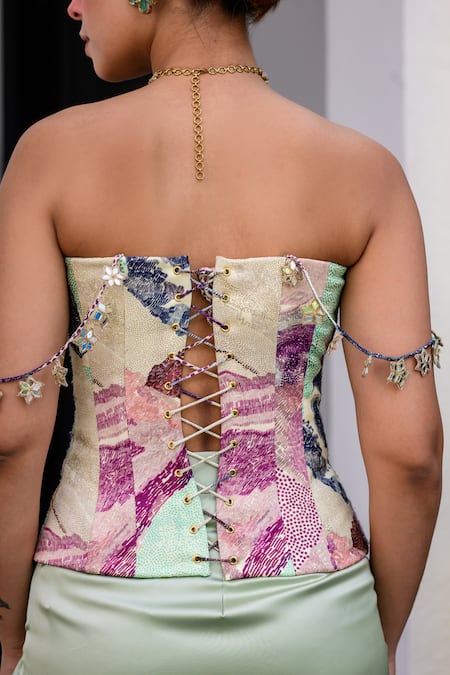 Buy Juhi Bengani Green Satin Sequins Sweetheart Neck Multi Colour Corset And Dhoti Skirt Set Online at Aza Fashions Buy_Juhi Bengani_Green Satin Sequins Sweetheart Neck Multi Colour Corset And Dhoti Skirt Set _Online_at_Aza_Fashions