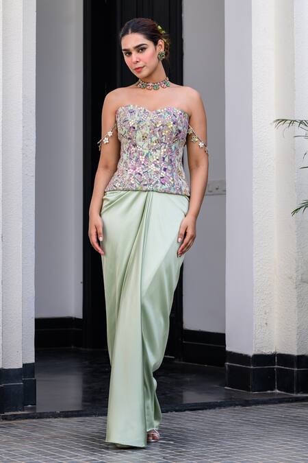 Shop Juhi Bengani Green Satin Sequins Sweetheart Neck Multi Colour Corset And Dhoti Skirt Set Online at Aza Fashions Shop_Juhi Bengani_Green Satin Sequins Sweetheart Neck Multi Colour Corset And Dhoti Skirt Set _Online_at_Aza_Fashions