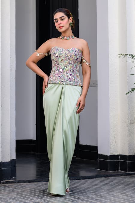 Buy Juhi Bengani Green Satin Sequins Sweetheart Neck Multi Colour Corset And Dhoti Skirt Set Buy_Juhi Bengani_Green Satin Sequins Sweetheart Neck Multi Colour Corset And Dhoti Skirt Set