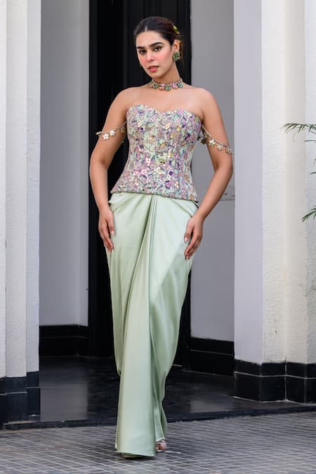 JUHI BENGANI Multi Color Satin, Organza Sequins, Beads Off-shoulder Corset And Dhoti Skirt Set 