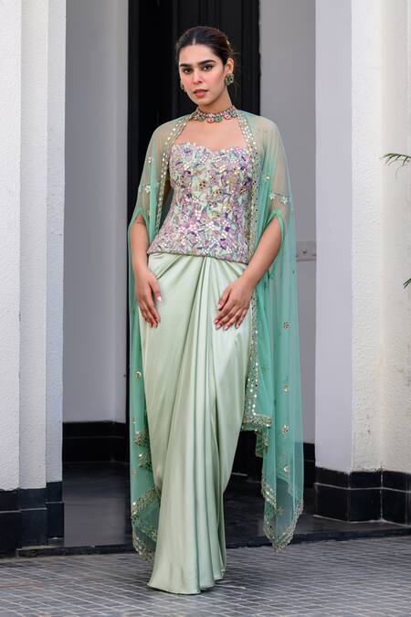 Juhi Bengani_Multi Color Satin Sequins, Embroidery Sweetheart Neck Designer Kurta Set _Online_at_Aza_Fashions