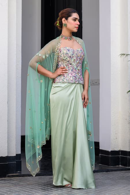 Buy_Juhi Bengani_Multi Color Satin Sequins, Embroidery Sweetheart Neck Designer Kurta Set _Online_at_Aza_Fashions