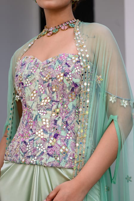 Shop_Juhi Bengani_Multi Color Satin Sequins, Embroidery Sweetheart Neck Designer Kurta Set _Online_at_Aza_Fashions