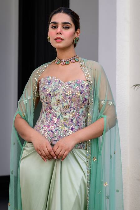 Juhi Bengani_Multi Color Satin Sequins, Embroidery Sweetheart Neck Designer Kurta Set _at_Aza_Fashions