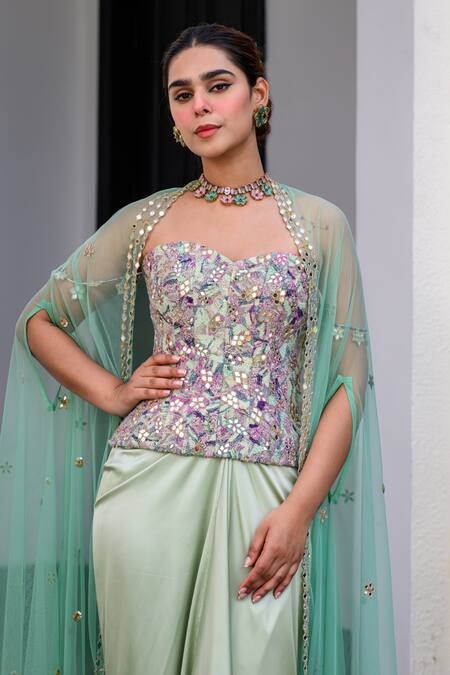 Buy_Juhi Bengani_Multi Color Satin Sequins, Embroidery Sweetheart Neck Designer Kurta Set 