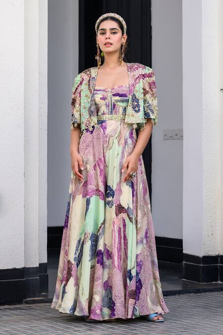 Juhi Bengani_Multi Color Satin, Chinon, Organza Sequins, Embroidery Designer Jumpsuit And Cape _Online_at_Aza_Fashions