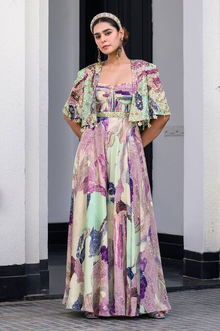 Buy_Juhi Bengani_Multi Color Satin, Chinon, Organza Sequins, Embroidery Designer Jumpsuit And Cape _Online_at_Aza_Fashions