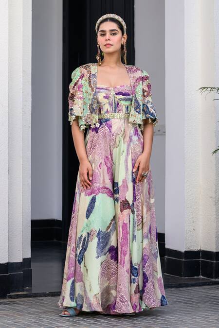 Shop_Juhi Bengani_Multi Color Satin, Chinon, Organza Sequins, Embroidery Designer Jumpsuit And Cape _Online_at_Aza_Fashions