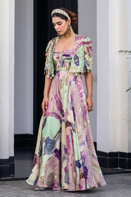 Juhi Bengani_Multi Color Satin, Chinon, Organza Sequins, Embroidery Designer Jumpsuit And Cape _at_Aza_Fashions