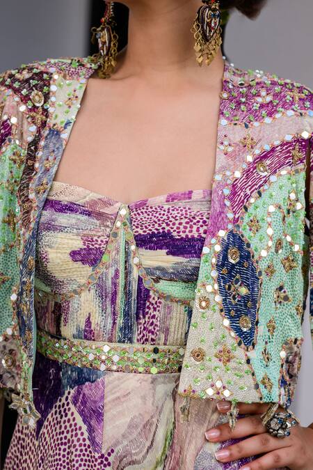 Buy_Juhi Bengani_Multi Color Satin, Chinon, Organza Sequins, Embroidery Designer Jumpsuit And Cape 