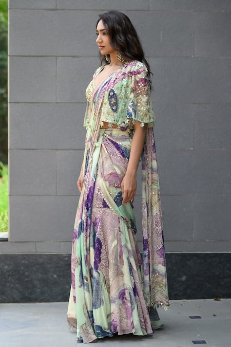 Juhi Bengani Multi Color Organza, Chinon, Satin Sequins Multi-colour Pre-draped Saree Set Online at Aza Fashions Juhi Bengani_Multi Color Organza, Chinon, Satin Sequins Multi-colour Pre-draped Saree Set _Online_at_Aza_Fashions